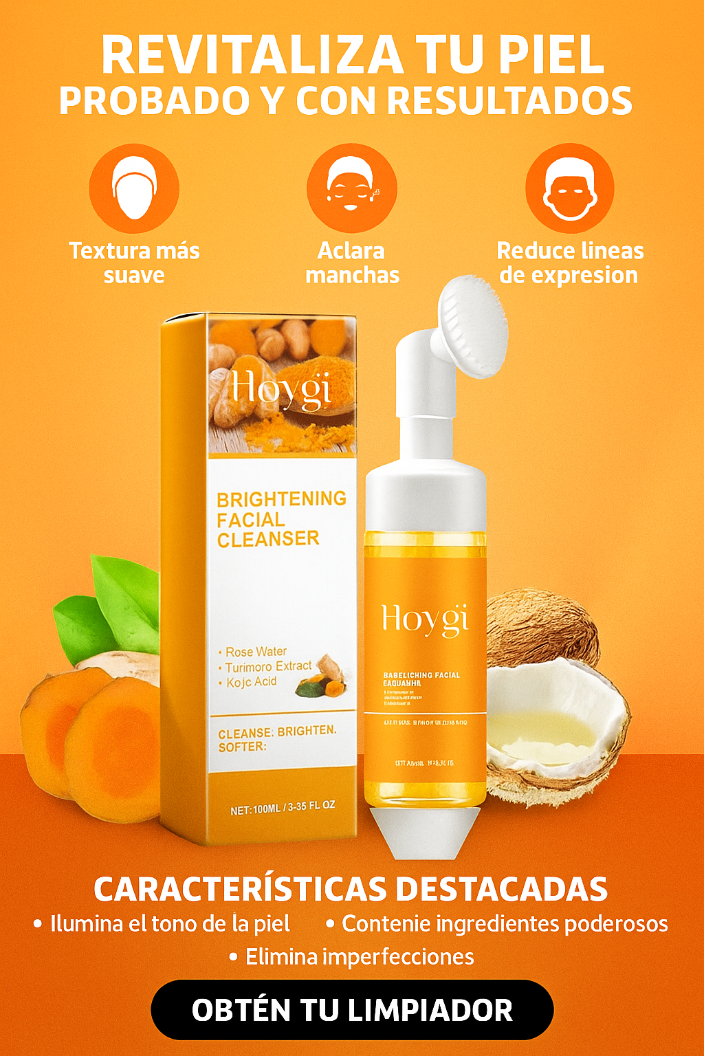 Limpiador Facial de Cúrcuma Aclara manchas, elimina melasma y cicatrices.