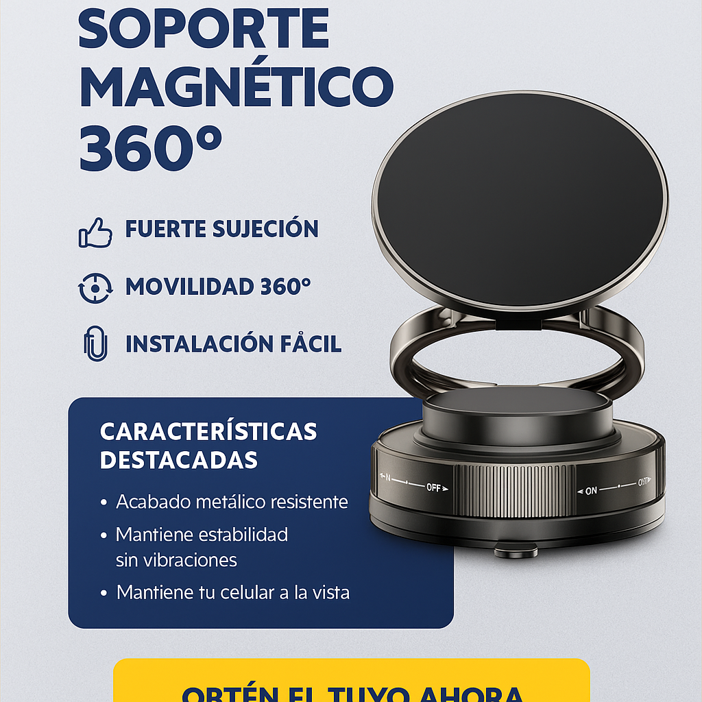 Soporte Magnético 360° para Celular: Sujeción Firme, Movilidad 360° y Comodidad para Conductores