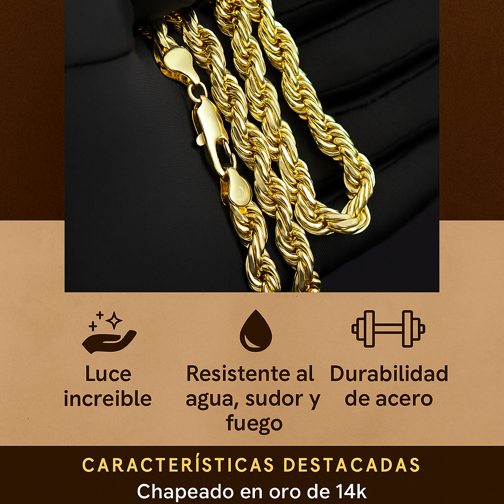Cadena de Eslabón Torcido Chapada en Oro 14k – Resistente al Agua, Sudor y Fuego, 8mm de Estilo Único y Duradero