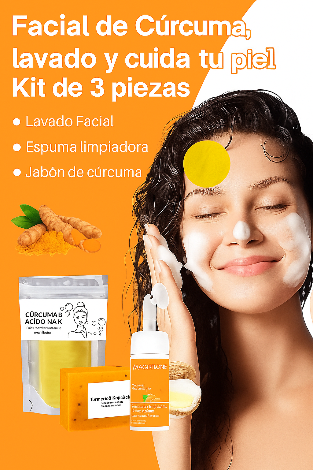 Kit Limpieza Facial de Cúrcuma: Elimina Manchas de Sol, Melasma y Acné