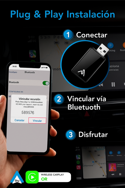 AutoSky Convierte tu carro viejo en un coche moderno con CarPlay inalámbrico en solo 30 segundos.