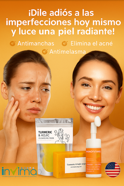 Kit Limpieza Facial de Cúrcuma: Elimina Manchas de Sol, Melasma y Acné